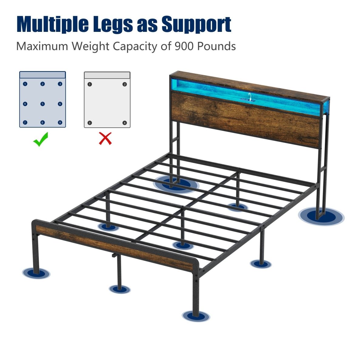 Full Rustic Brown Metal Full Bed Frame With Charging - Veluna - Omega Lifestyles