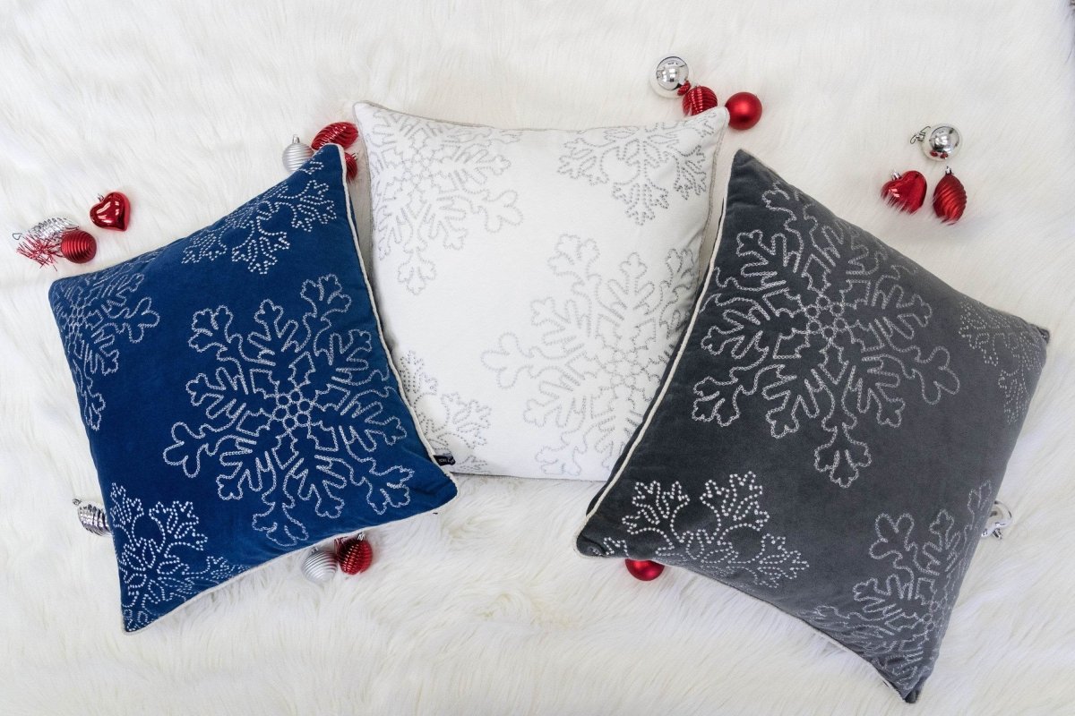 Gray Velvet Holiday Throw Pillow With Silver Snowflake Embroidery - Veluna - Omega Lifestyles