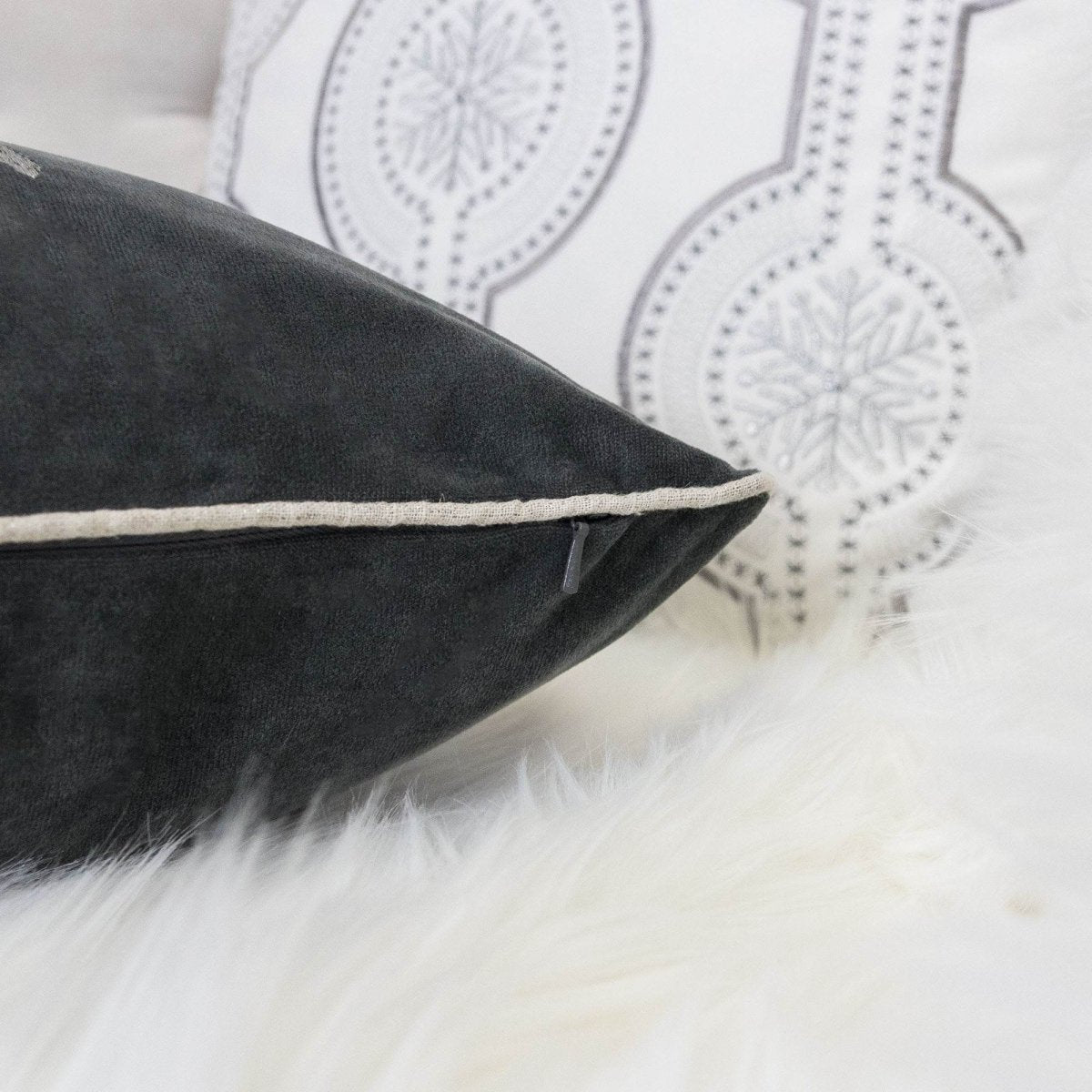 Gray Velvet Holiday Throw Pillow With Silver Snowflake Embroidery - Veluna - Omega Lifestyles