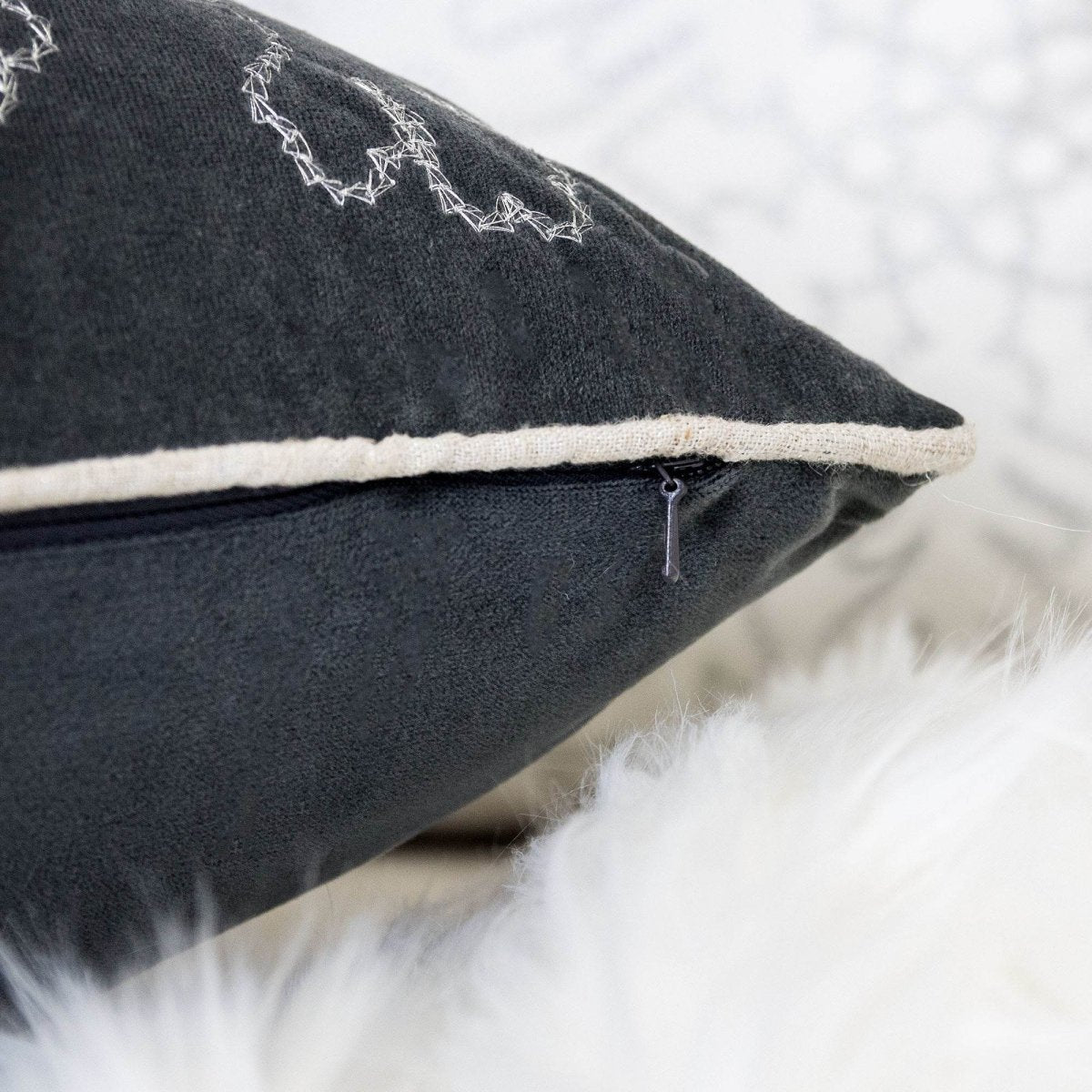 Gray Velvet Holiday Throw Pillow With Silver Snowflake Embroidery - Veluna - Omega Lifestyles