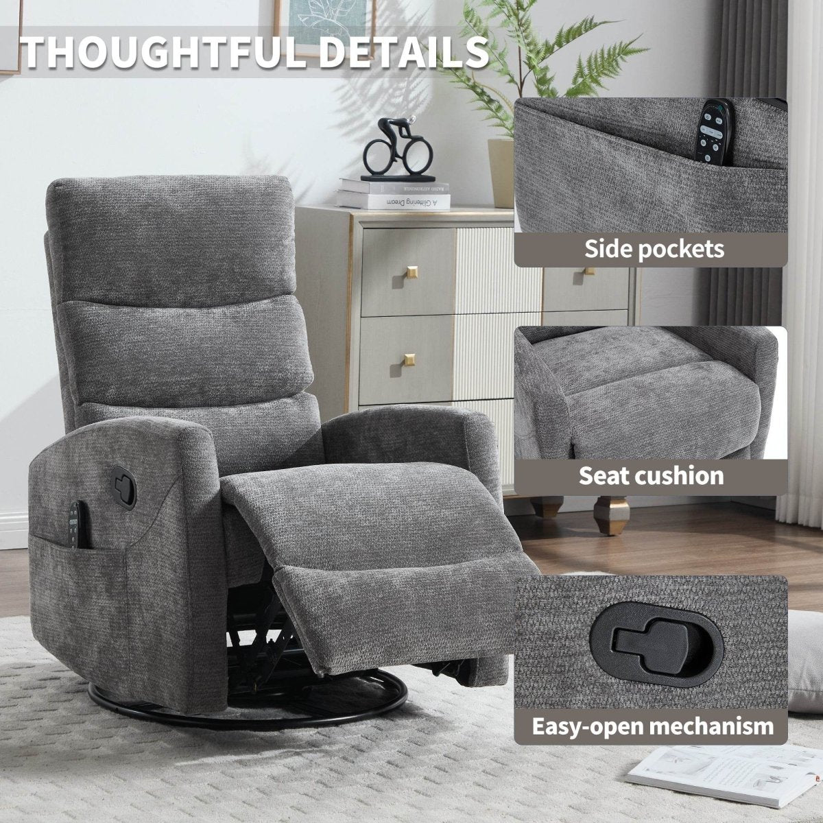 Heat Massage Recliner Chair With Swivel Rocker And Lumbar - Veluna - Omega Lifestyles