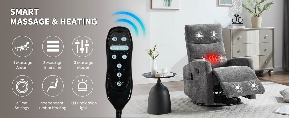 Heat Massage Recliner Chair With Swivel Rocker And Lumbar - Veluna - Omega Lifestyles