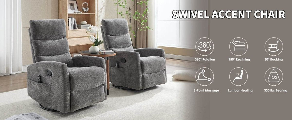 Heat Massage Recliner Chair With Swivel Rocker And Lumbar - Veluna - Omega Lifestyles