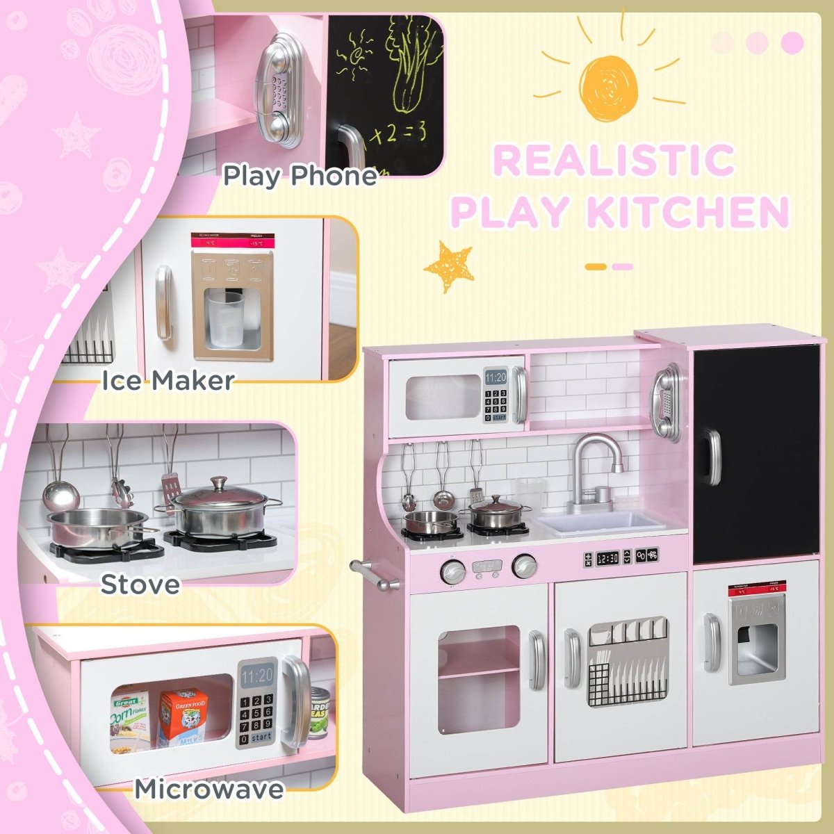 Kids MDF Play Kitchen Set With Accessories and Chalkboard - Veluna - Omega Lifestyles