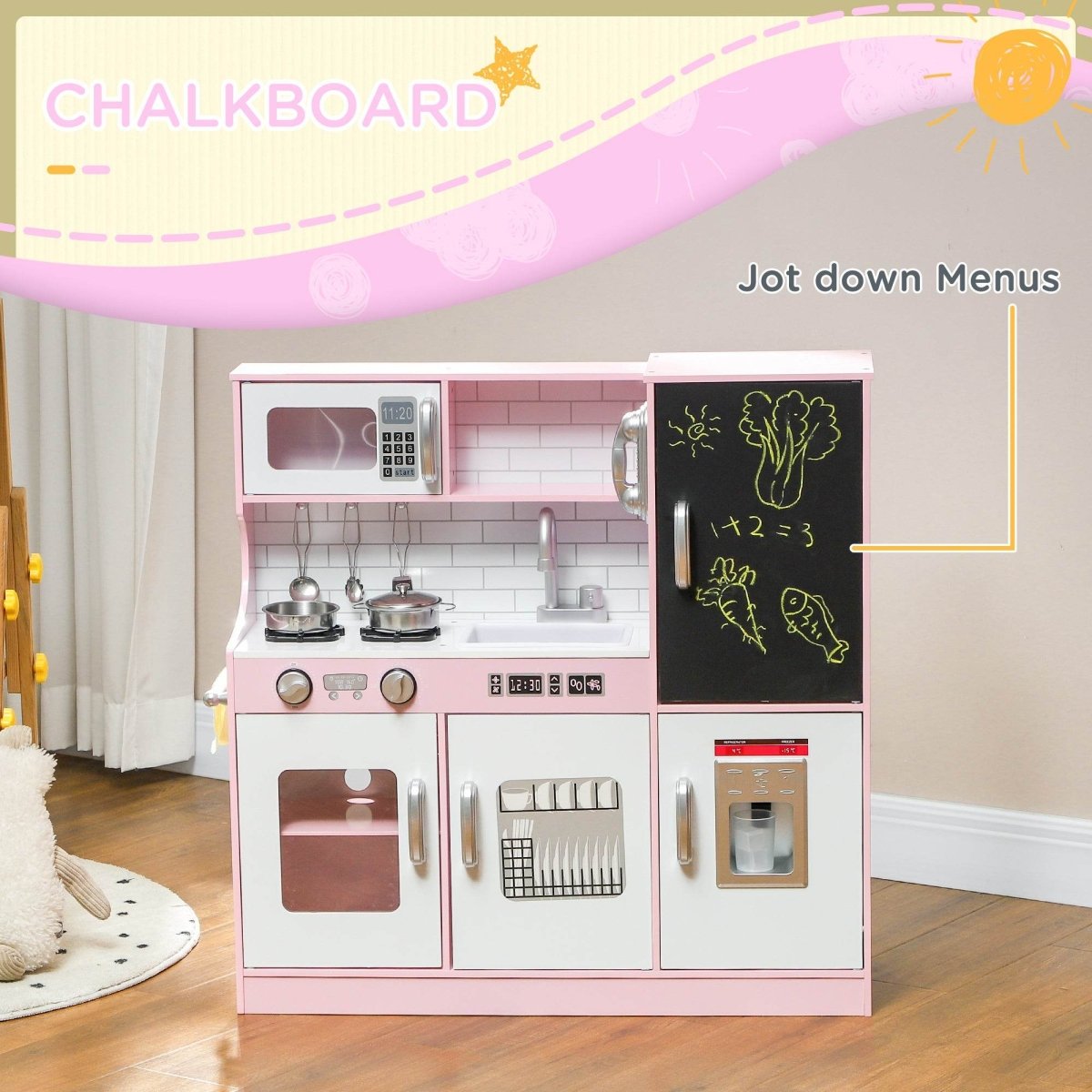 Kids MDF Play Kitchen Set With Accessories and Chalkboard - Veluna - Omega Lifestyles