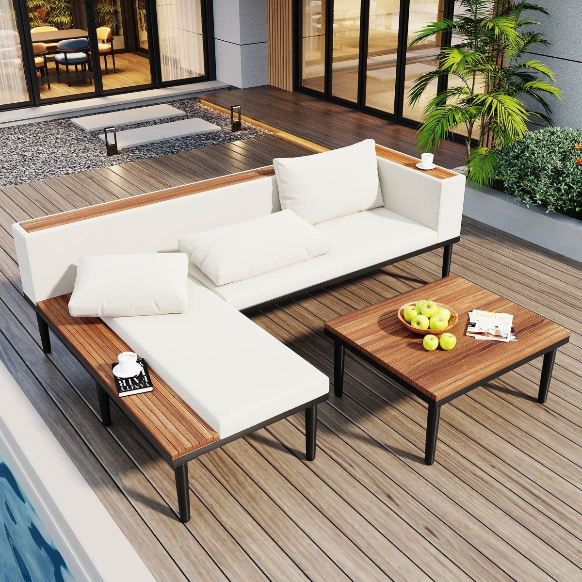 L-Shaped Acacia Wood Outdoor Patio Sofa Set With Cushions - Sleep Galleria