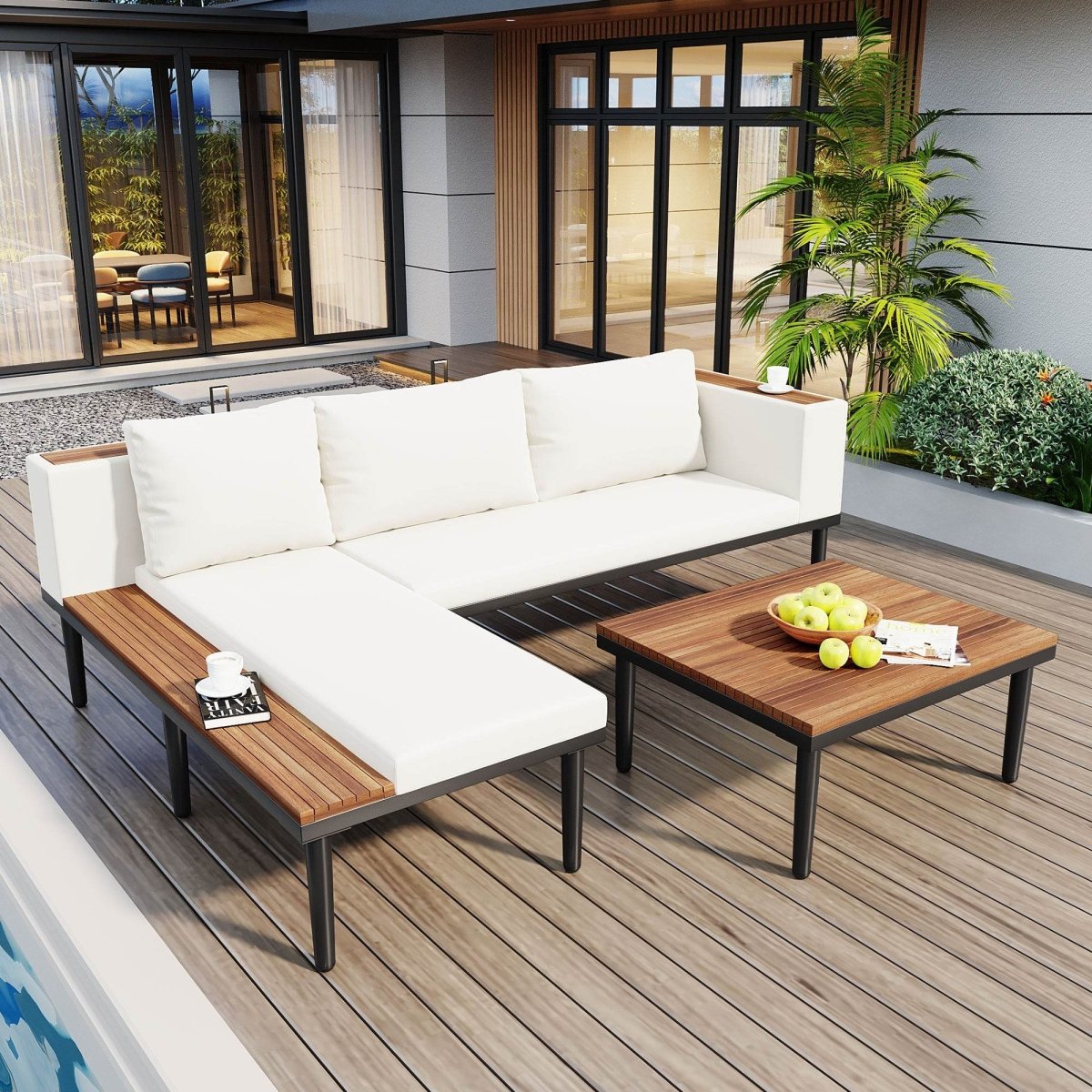 L-Shaped Acacia Wood Outdoor Patio Sofa Set With Cushions - Sleep Galleria