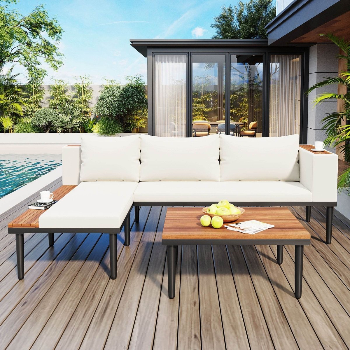 L-Shaped Acacia Wood Outdoor Patio Sofa Set With Cushions - Sleep Galleria