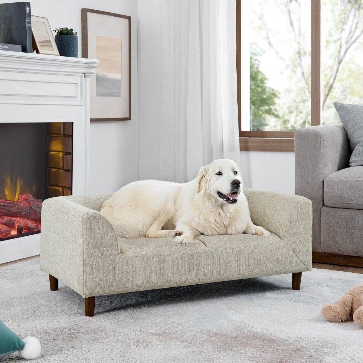 Modern Beige Linen Pet Sofa With Armrests Backrest - Veluna - Omega Lifestyles