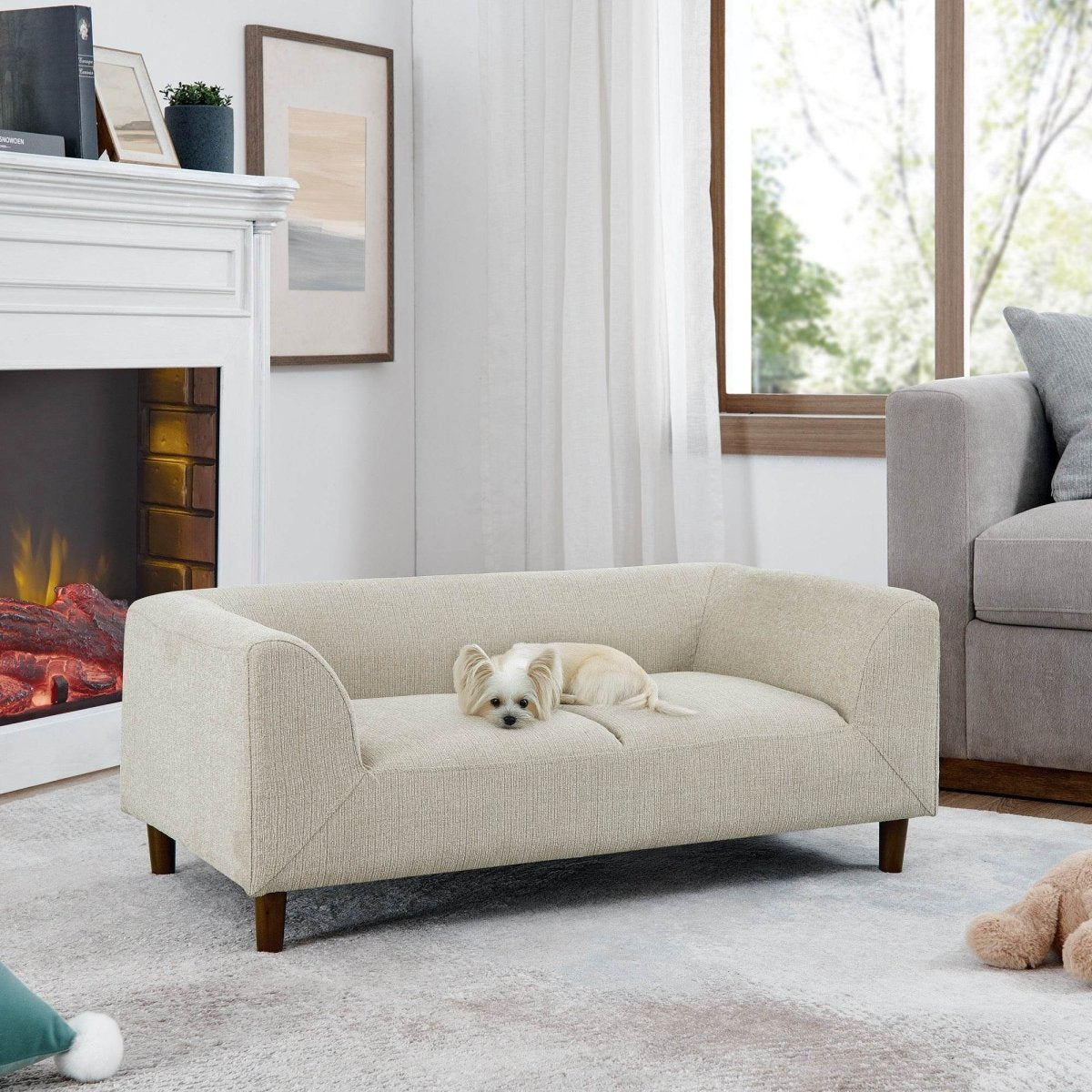 Modern Beige Linen Pet Sofa With Armrests Backrest - Veluna - Omega Lifestyles