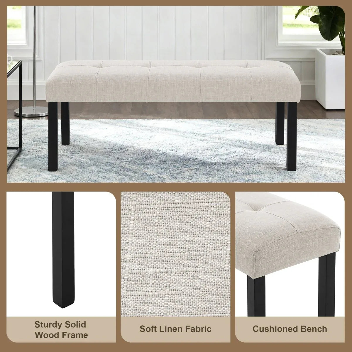Modern Tufted Linen Upholstered Rubber Wood Bench - Omega Lifestyles