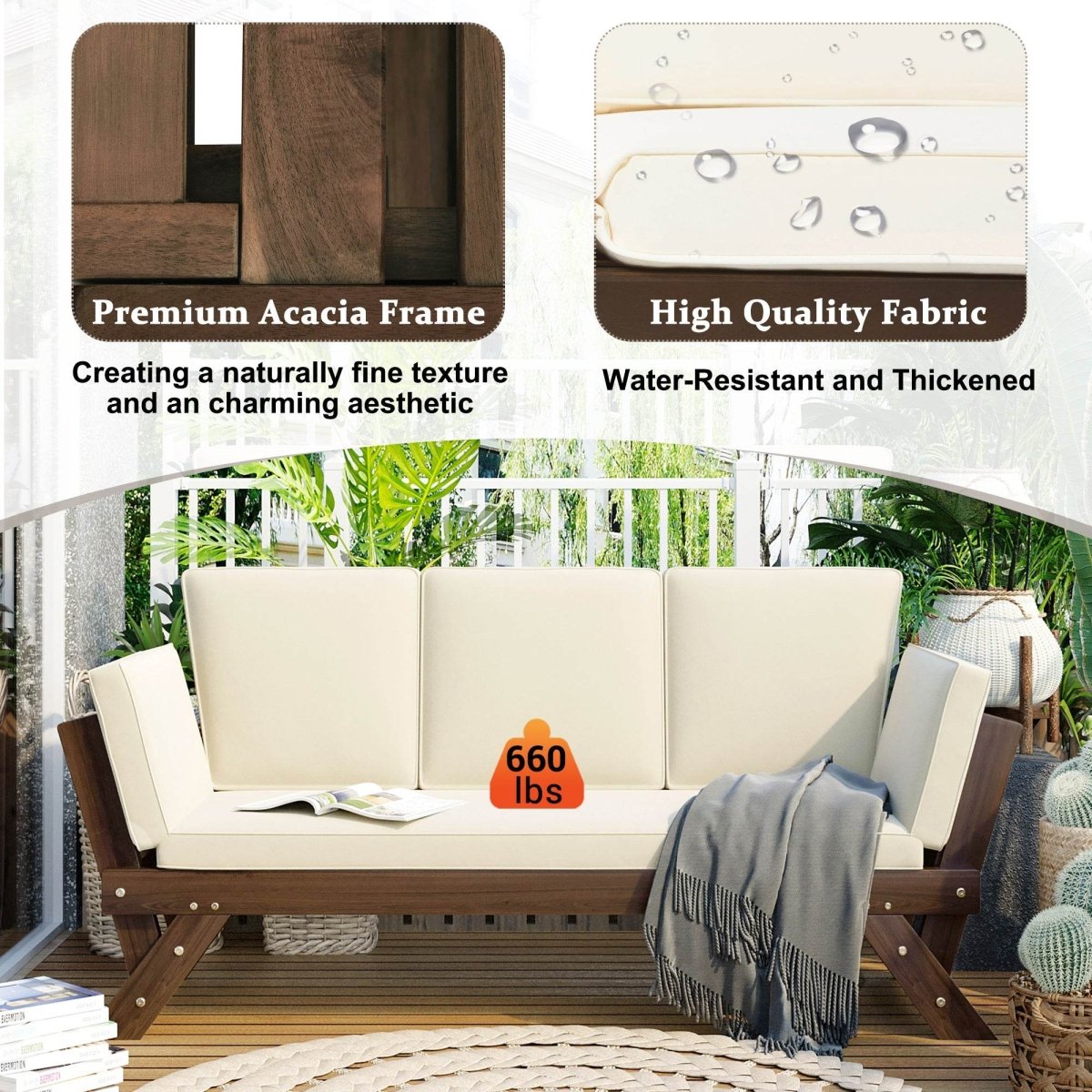 Outdoor Adjustable Acacia Wood Patio Daybed With Cushions - Sleep Galleria