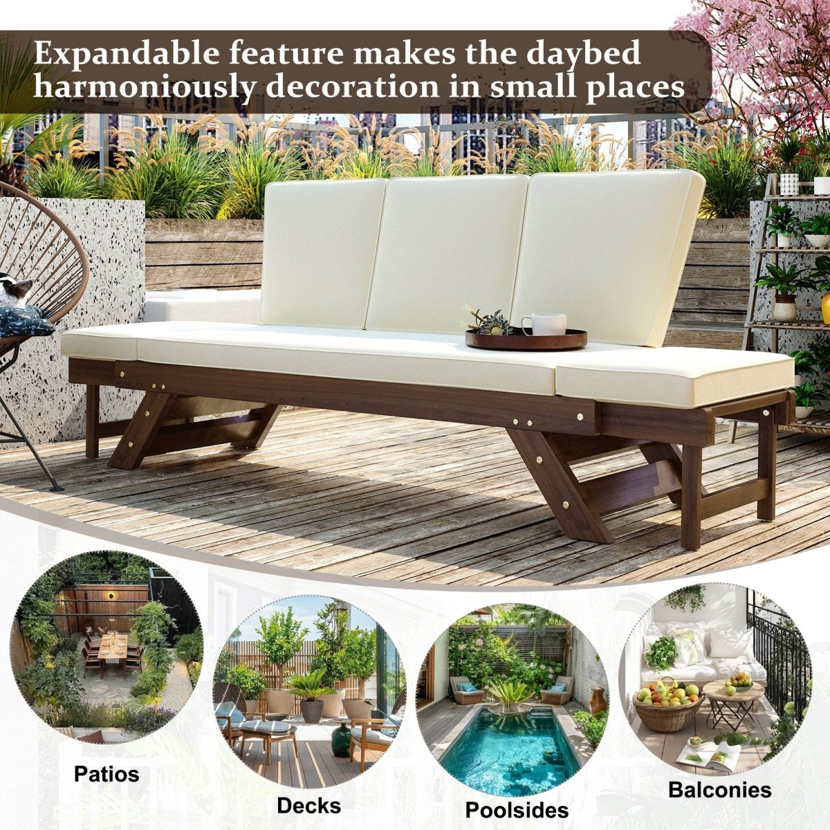 Outdoor Adjustable Acacia Wood Patio Daybed With Cushions - Sleep Galleria