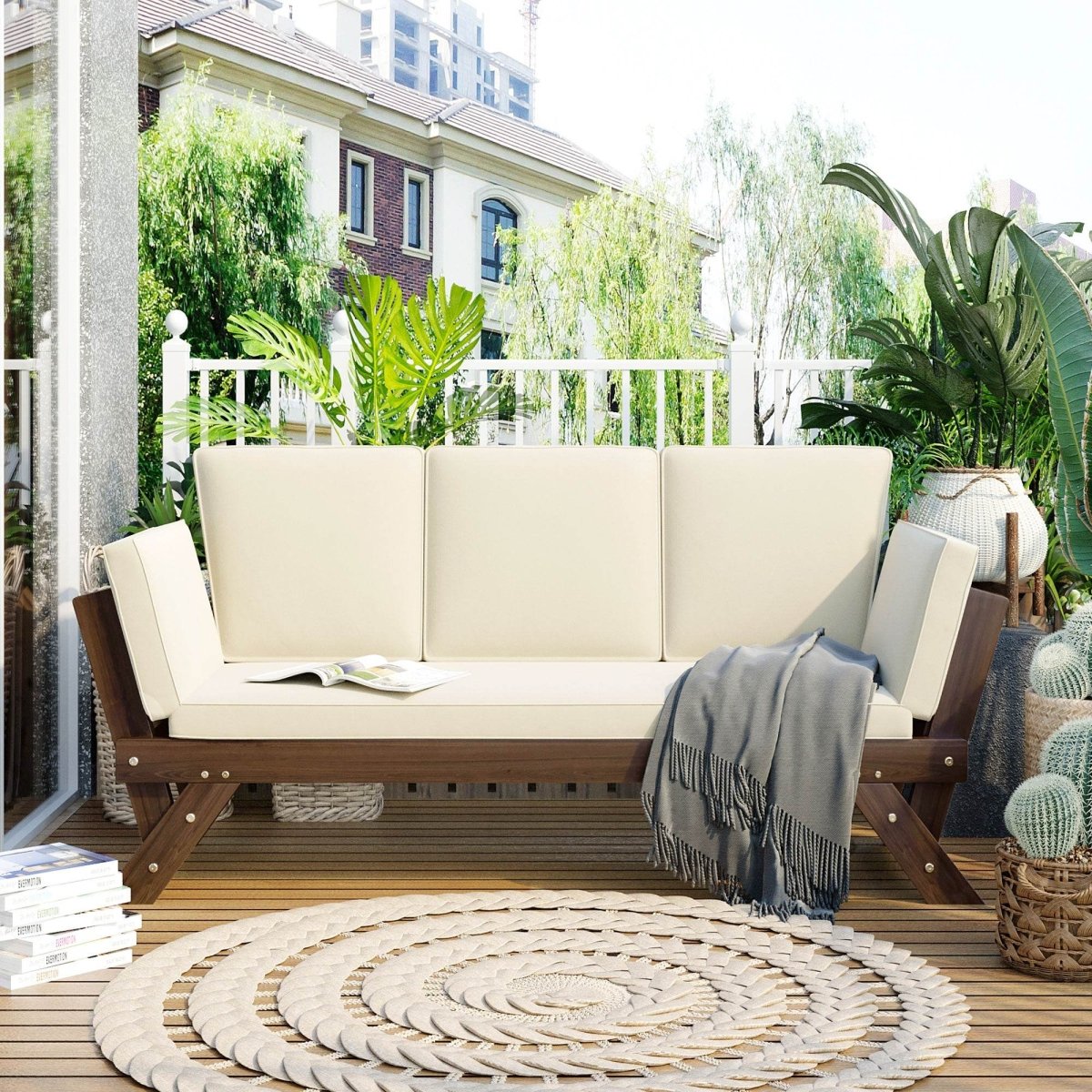 Outdoor Adjustable Acacia Wood Patio Daybed With Cushions - Sleep Galleria