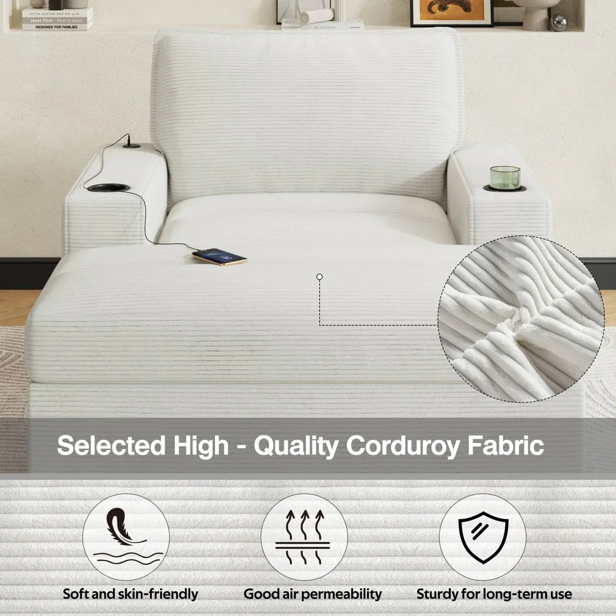 Plush Oversized Corduroy Chaise Lounge With Ottoman - Omega Lifestyles