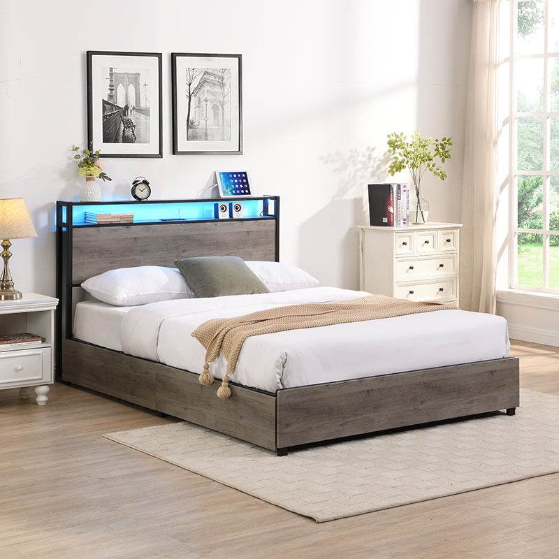 Queen Storage Bed Frame With Charging Station And LED Lights - Veluna - Omega Lifestyles