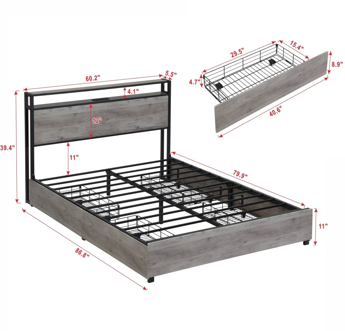 Queen Storage Bed Frame With Charging Station And LED Lights - Veluna - Omega Lifestyles