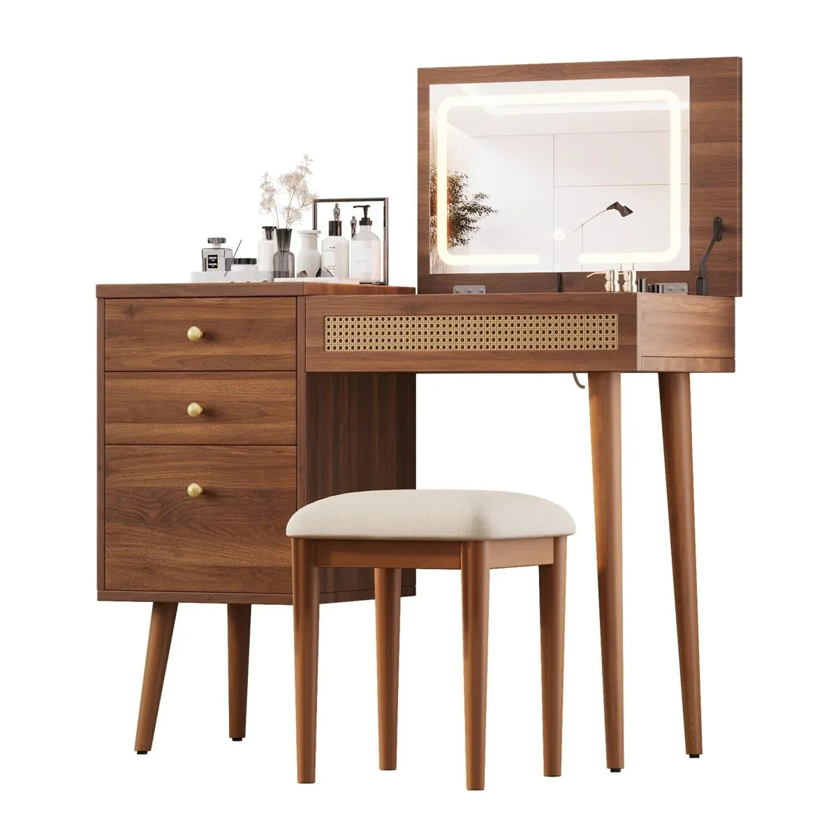 Retro Bohemian Walnut Wooden Makeup Vanity Set With LED Lights - Omega Lifestyles