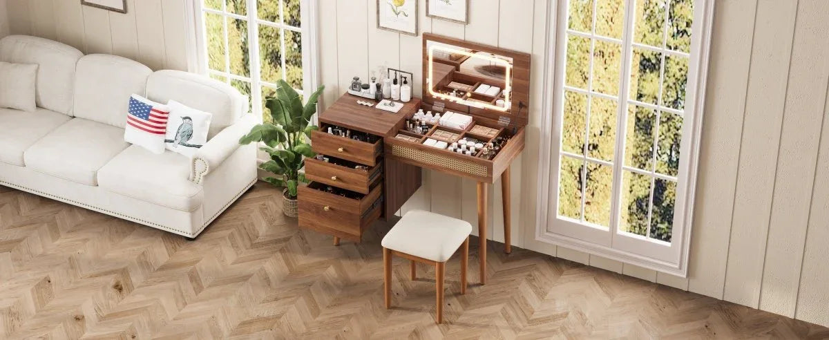 Retro Bohemian Walnut Wooden Makeup Vanity Set With LED Lights - Omega Lifestyles