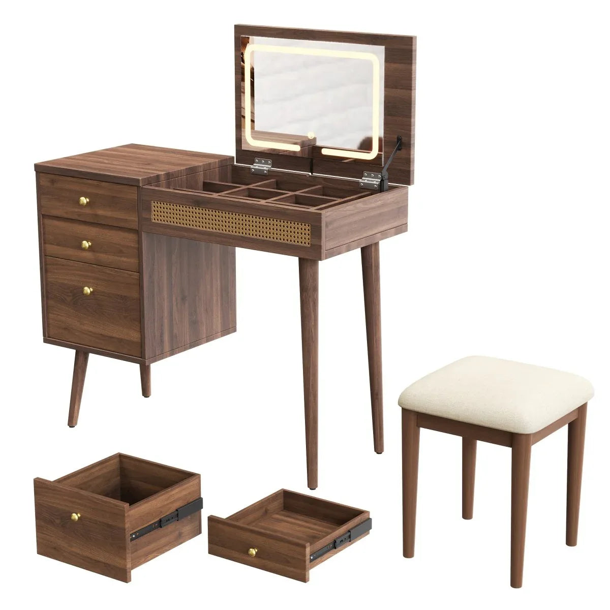 Retro Bohemian Walnut Wooden Makeup Vanity Set With LED Lights - Omega Lifestyles