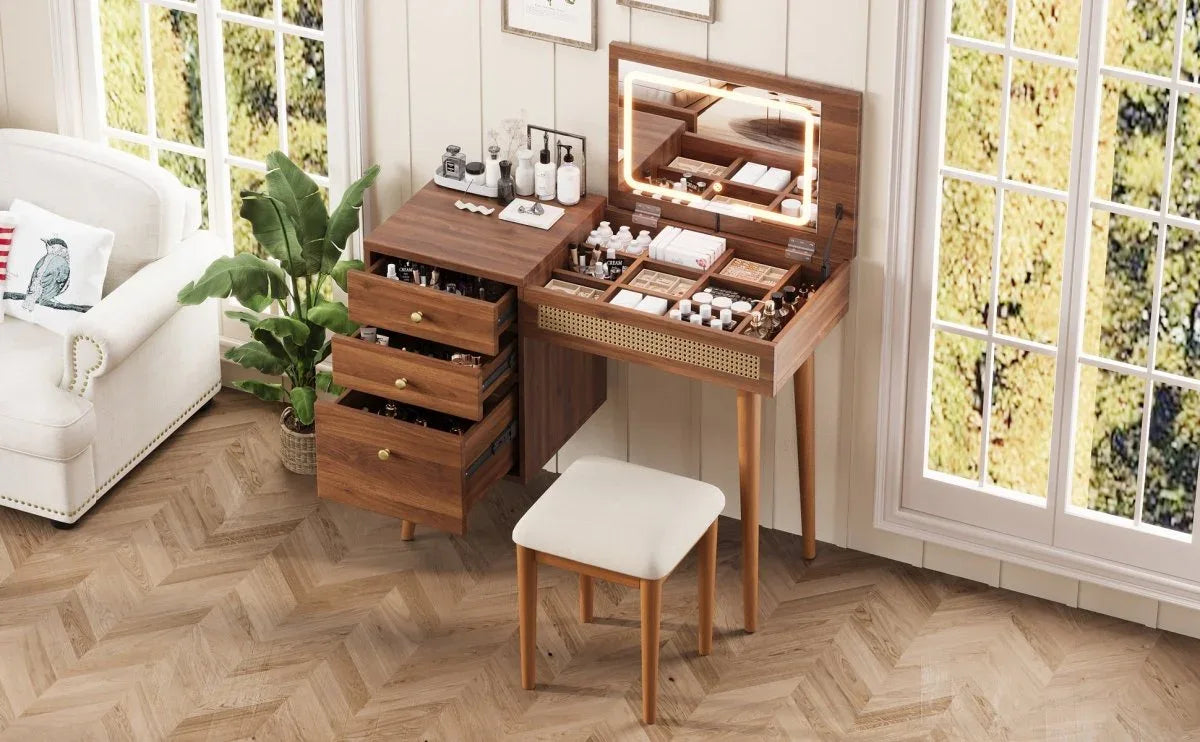 Retro Bohemian Walnut Wooden Makeup Vanity Set With LED Lights - Omega Lifestyles