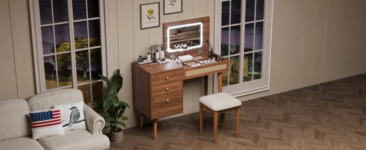 Retro Bohemian Walnut Wooden Makeup Vanity Set With LED Lights - Omega Lifestyles