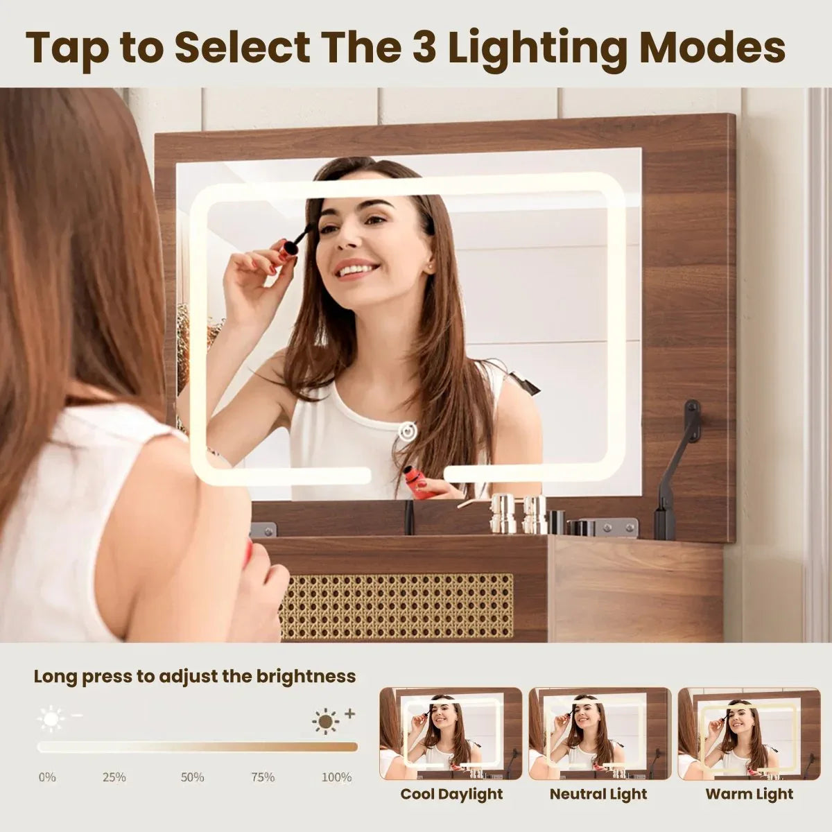 Retro Bohemian Walnut Wooden Makeup Vanity Set With LED Lights - Omega Lifestyles