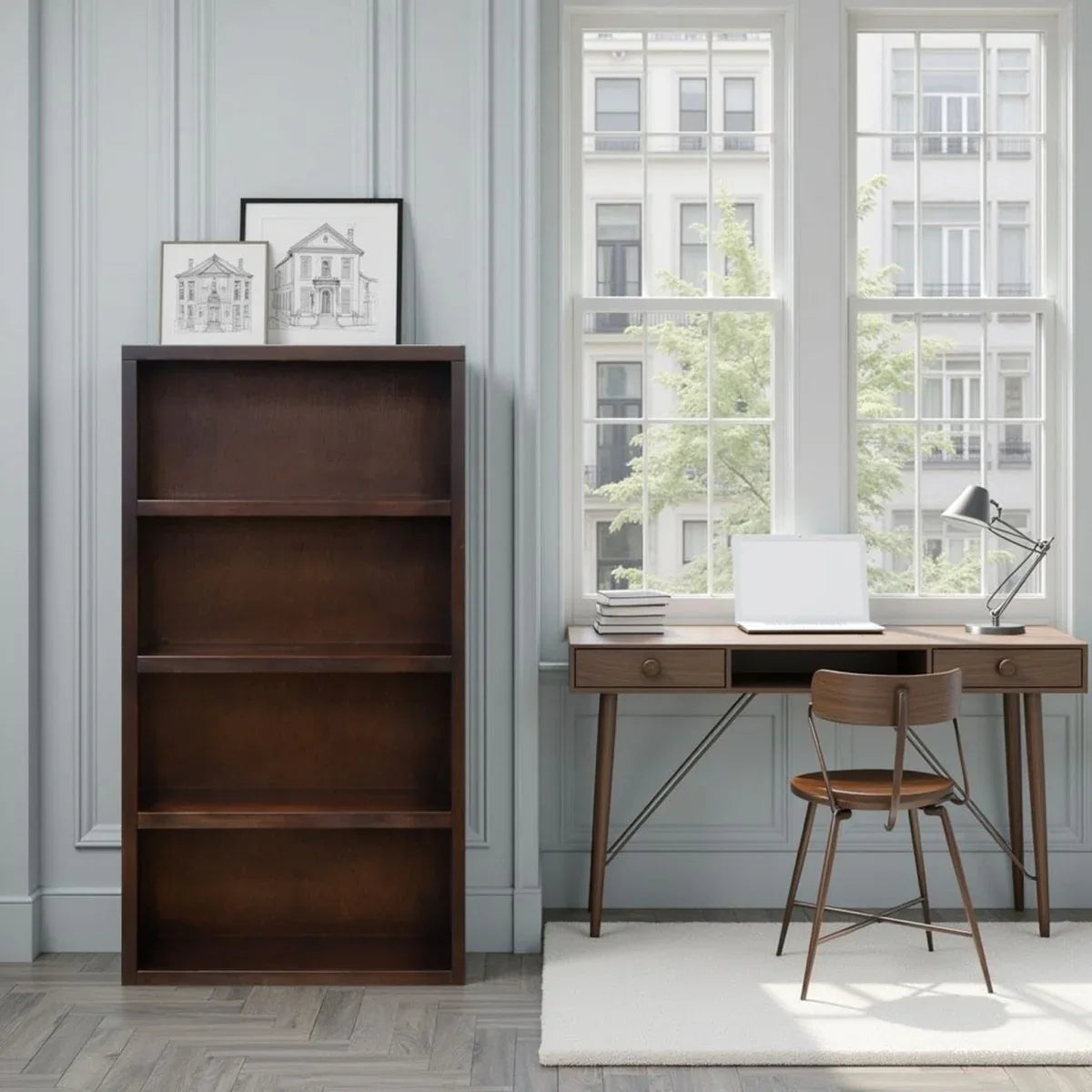 Rosewood Finish 60-Inch High Wooden Bookshelf - Omega Lifestyles