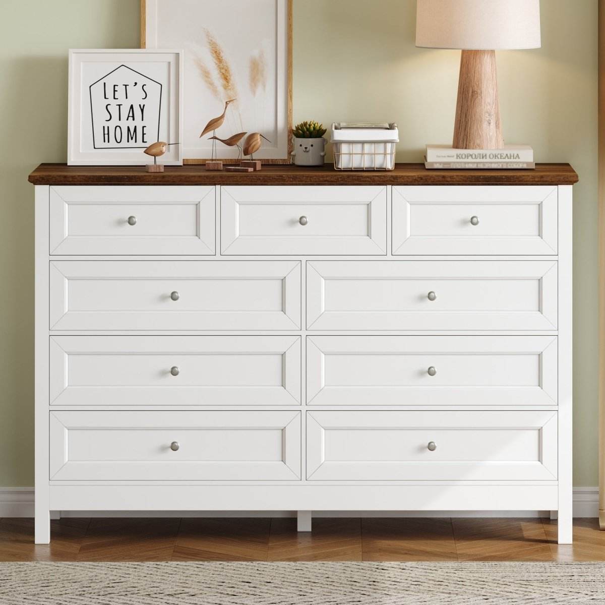 Rustic White Wood Storage Dresser With 9 Drawers - Sleep Galleria