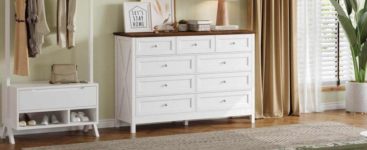 Rustic White Wood Storage Dresser With 9 Drawers - Sleep Galleria