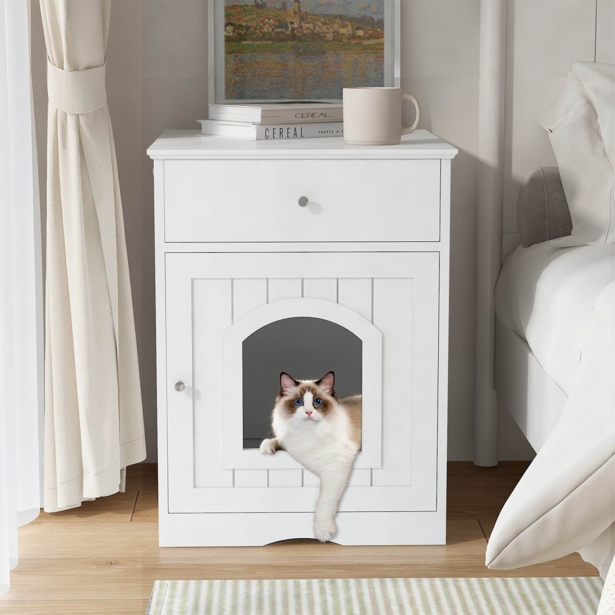 Solid Wood White Cat Litter Box Enclosure With Drawer - Sleep Galleria