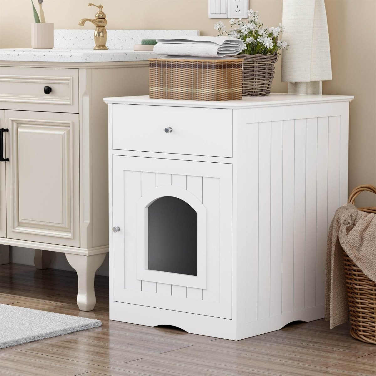 Solid Wood White Cat Litter Box Enclosure With Drawer - Sleep Galleria