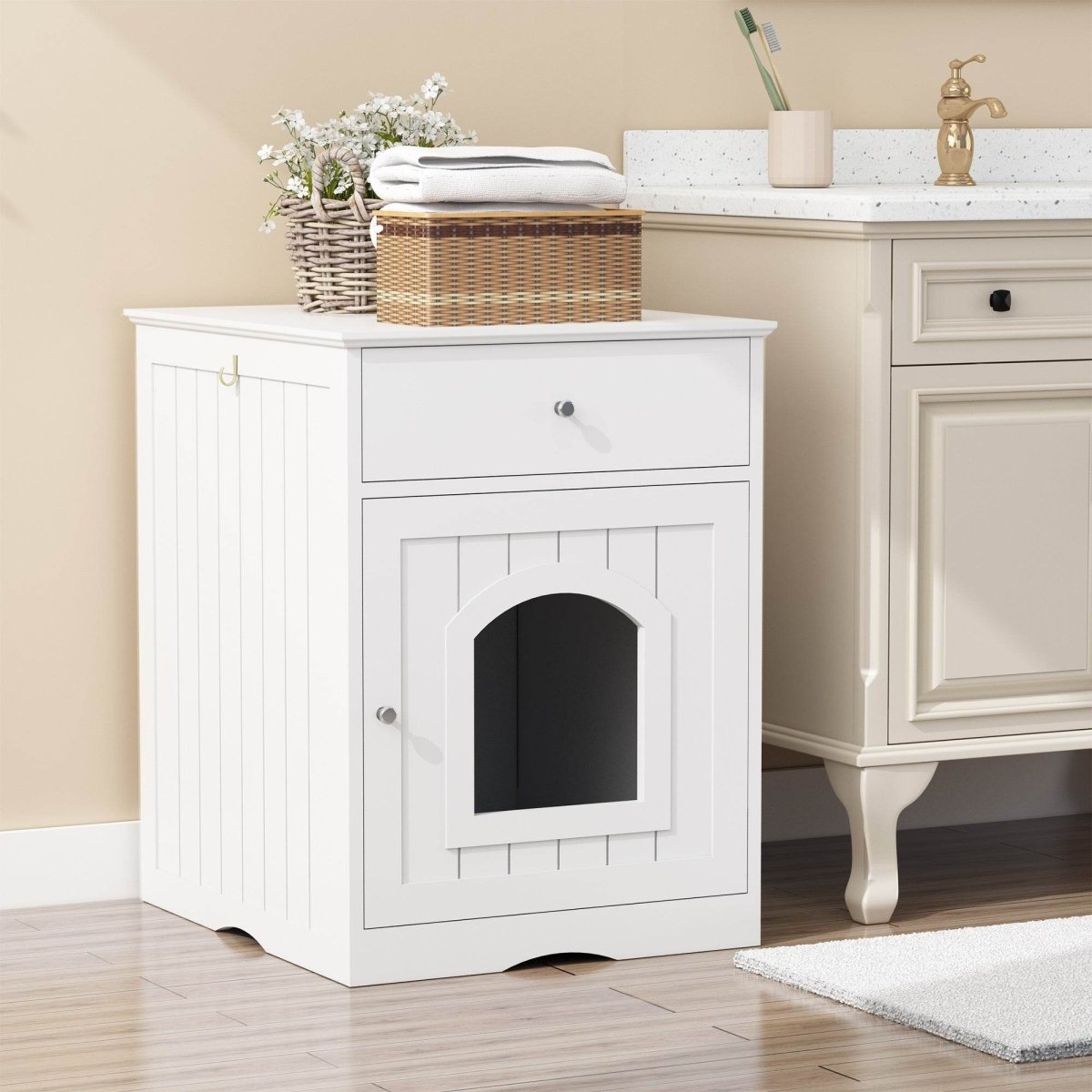 Solid Wood White Cat Litter Box Enclosure With Drawer - Sleep Galleria