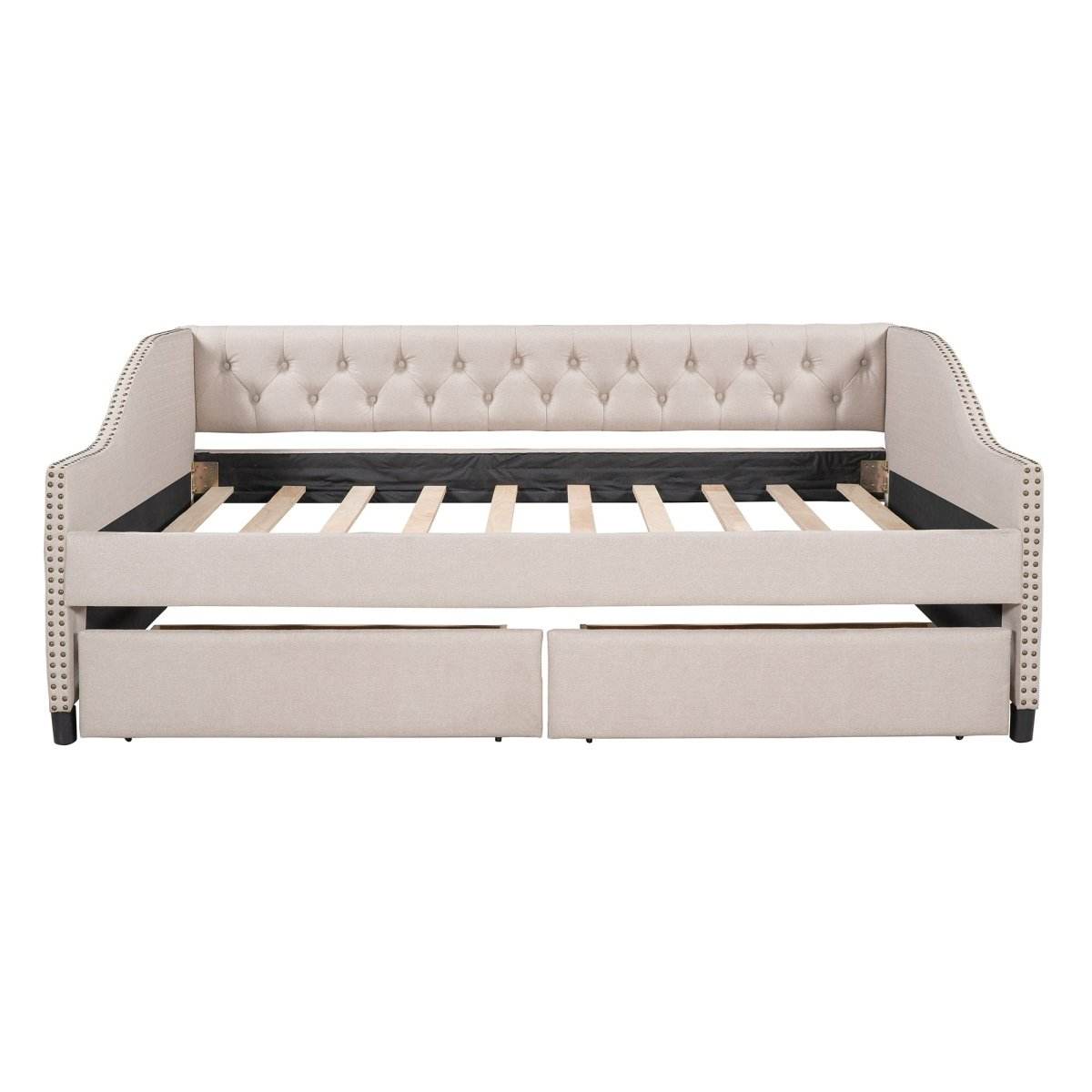 Upholstered Beige Daybed With Two Storage Drawers - Sleep Galleria