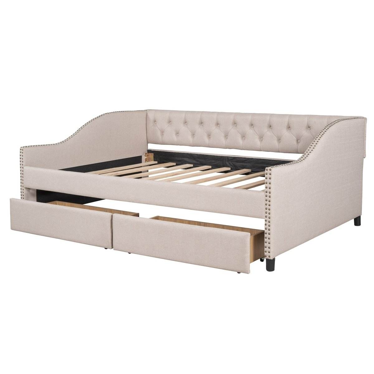 Upholstered Beige Daybed With Two Storage Drawers - Sleep Galleria