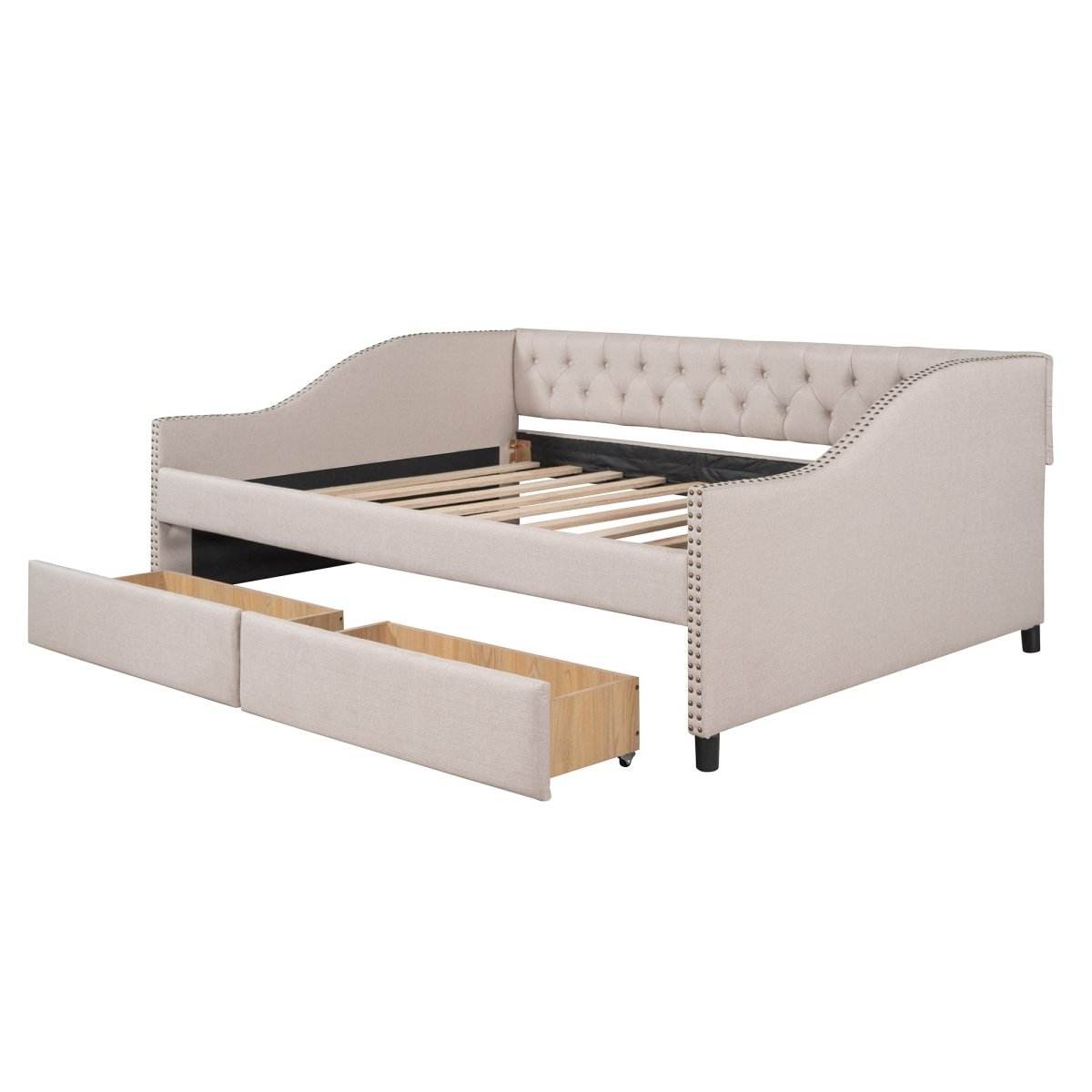Upholstered Beige Daybed With Two Storage Drawers - Sleep Galleria
