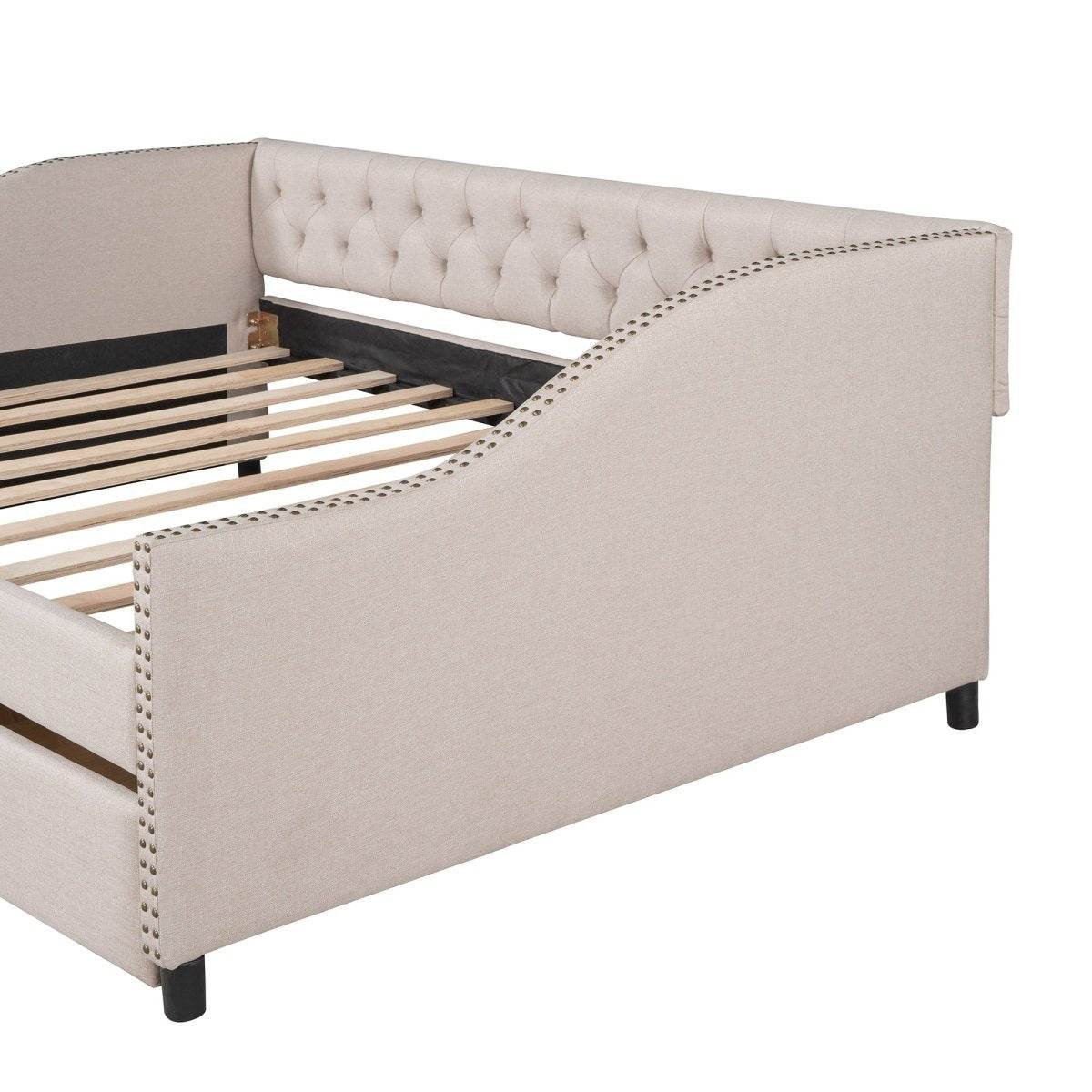 Upholstered Beige Daybed With Two Storage Drawers - Sleep Galleria