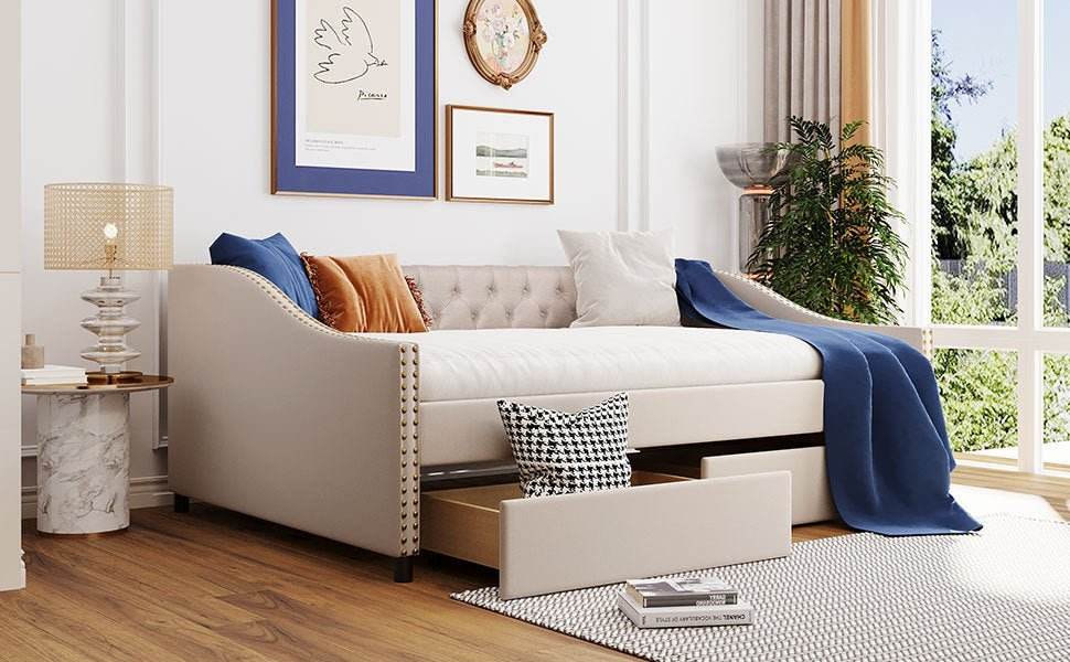 Upholstered Beige Daybed With Two Storage Drawers - Sleep Galleria