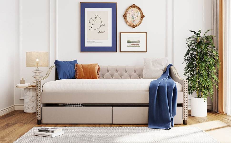 Upholstered Beige Daybed With Two Storage Drawers - Sleep Galleria