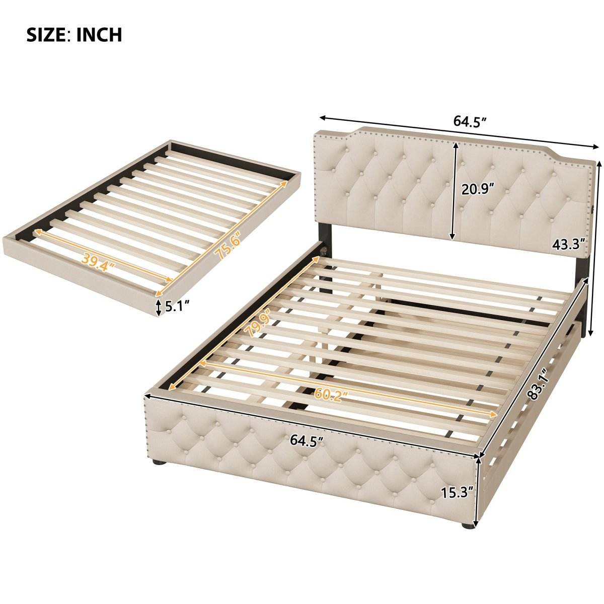 Upholstered Linen Platform Bed With Twin Trundle And USB Ports - Sleep Galleria