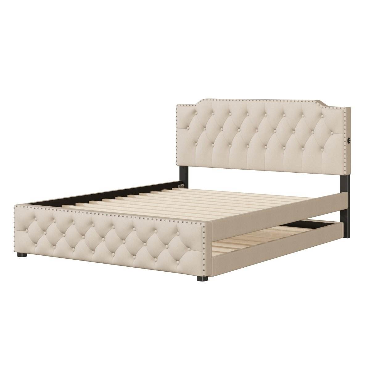 Upholstered Linen Platform Bed With Twin Trundle And USB Ports - Sleep Galleria