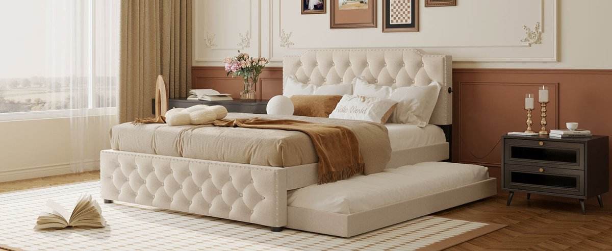 Upholstered Linen Platform Bed With Twin Trundle And USB Ports - Sleep Galleria