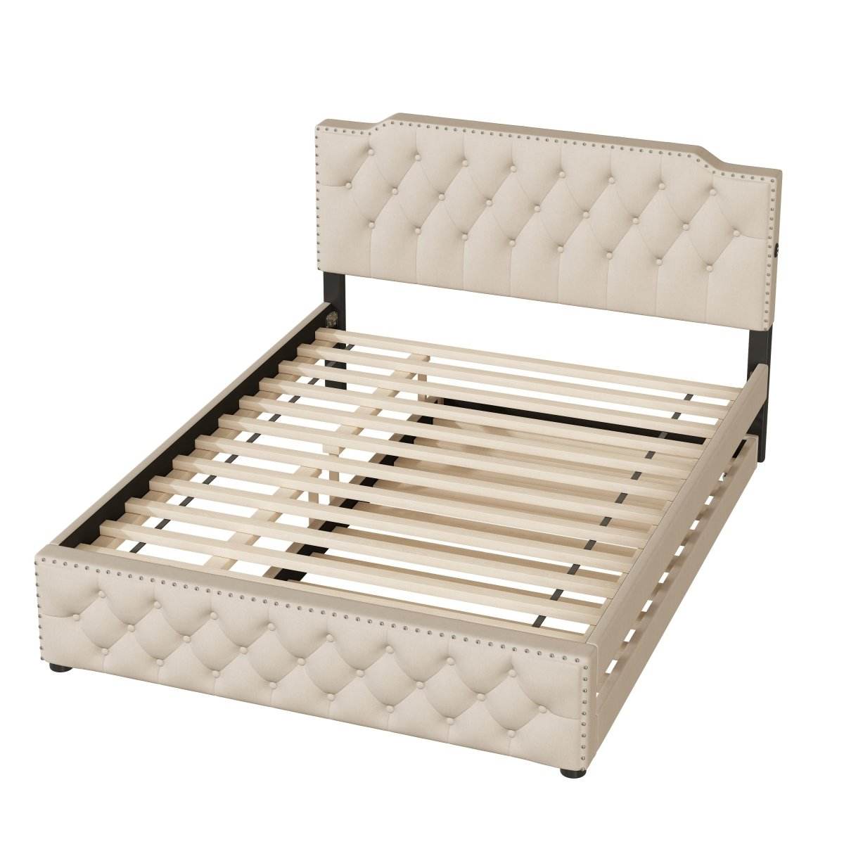 Upholstered Linen Platform Bed With Twin Trundle And USB Ports - Sleep Galleria