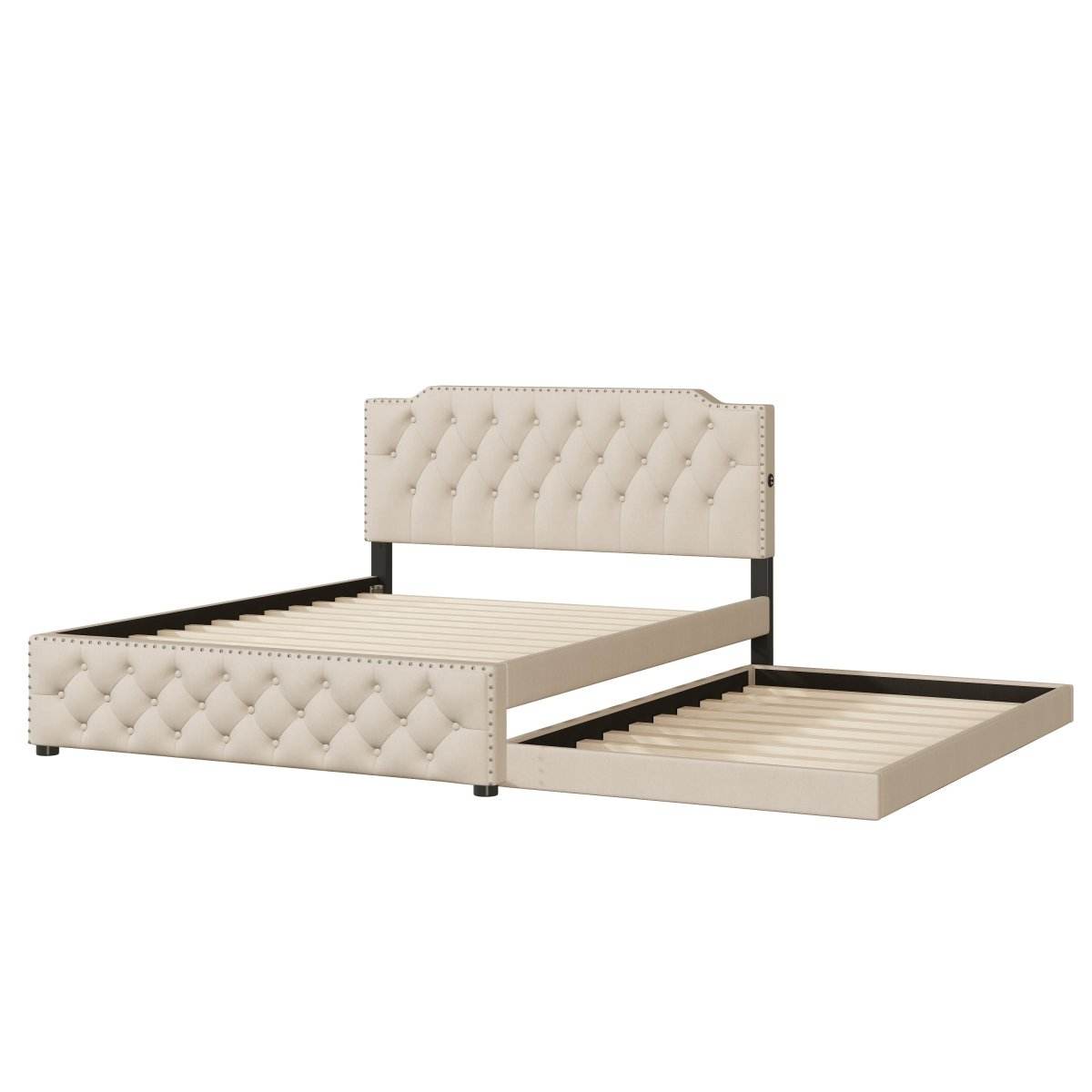Upholstered Linen Platform Bed With Twin Trundle And USB Ports - Sleep Galleria