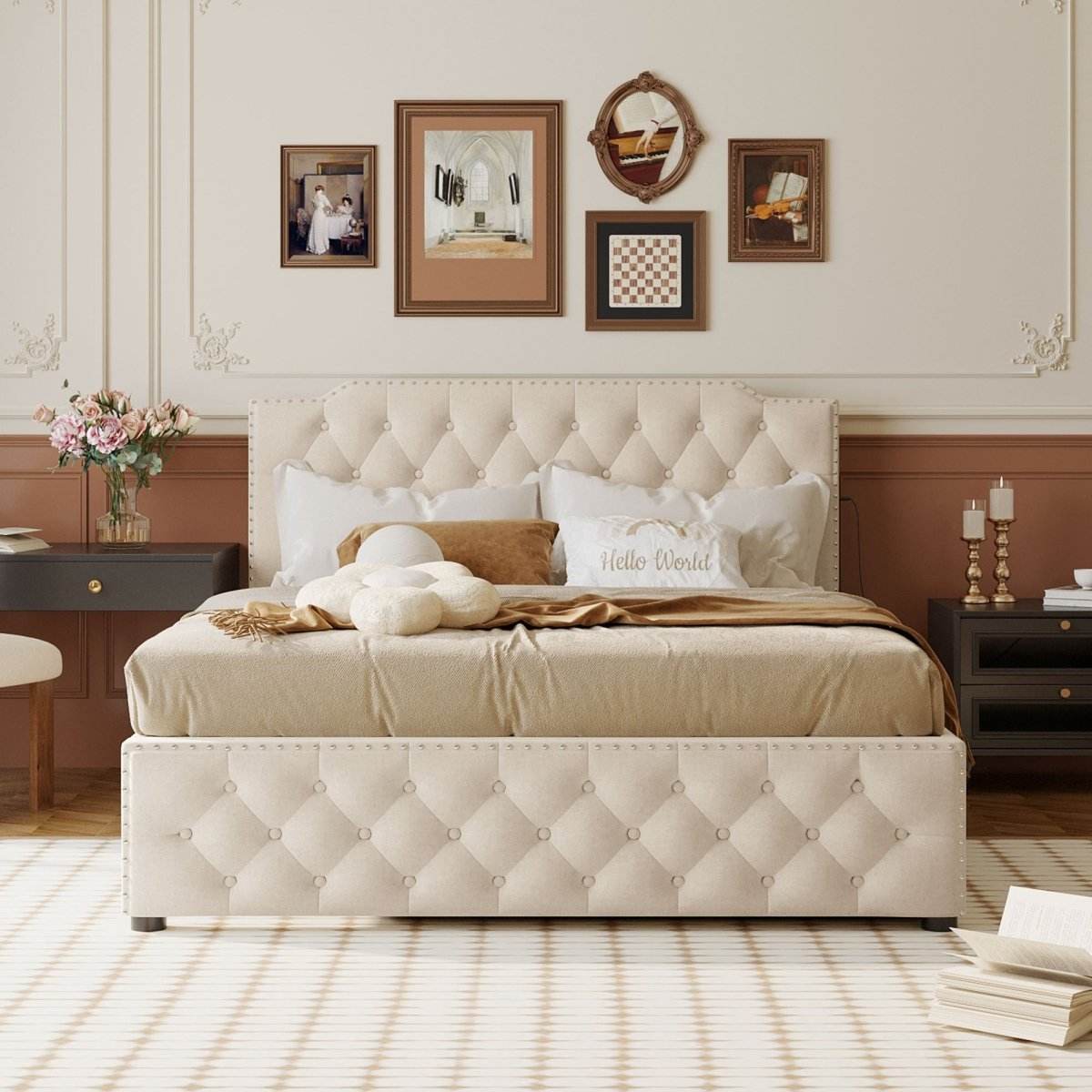 Upholstered Linen Platform Bed With Twin Trundle And USB Ports - Sleep Galleria