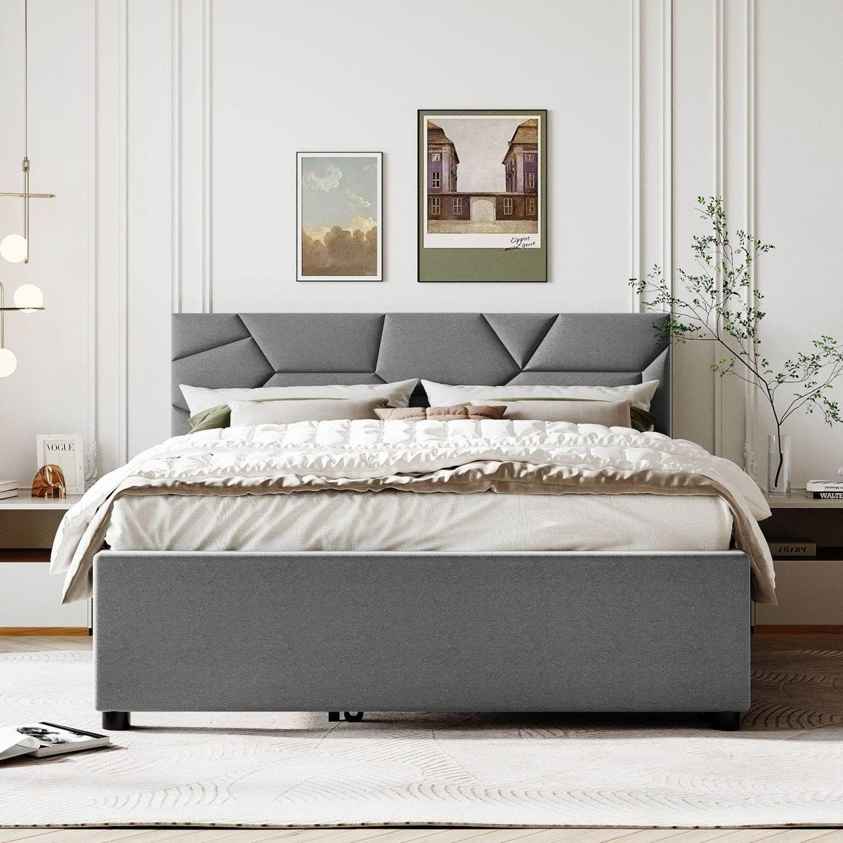 Upholstered Platform Bed With Brick Pattern Headboard And Trundle - Omega Lifestyles