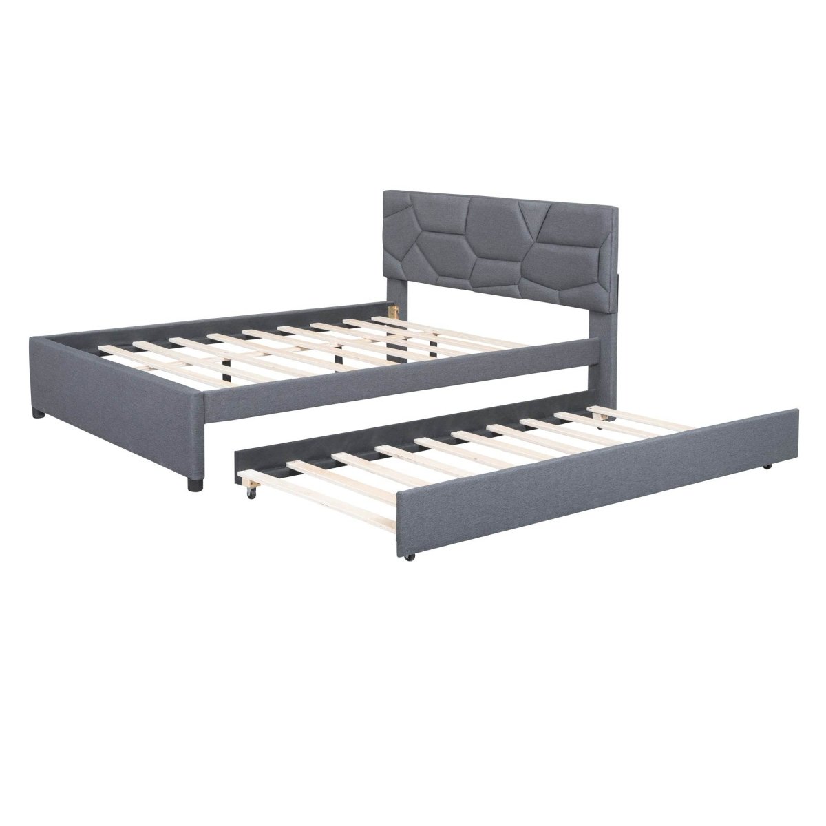 Upholstered Platform Bed With Brick Pattern Headboard And Trundle - Omega Lifestyles