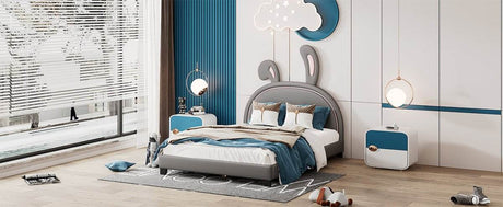 Upholstered PU Leather Platform Bed With Rabbit Ornament - Sleep Galleria