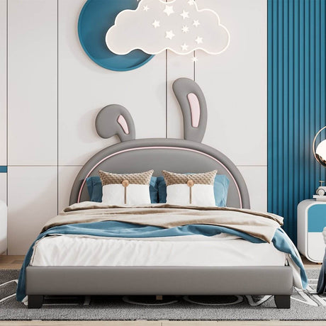 Upholstered PU Leather Platform Bed With Rabbit Ornament - Sleep Galleria