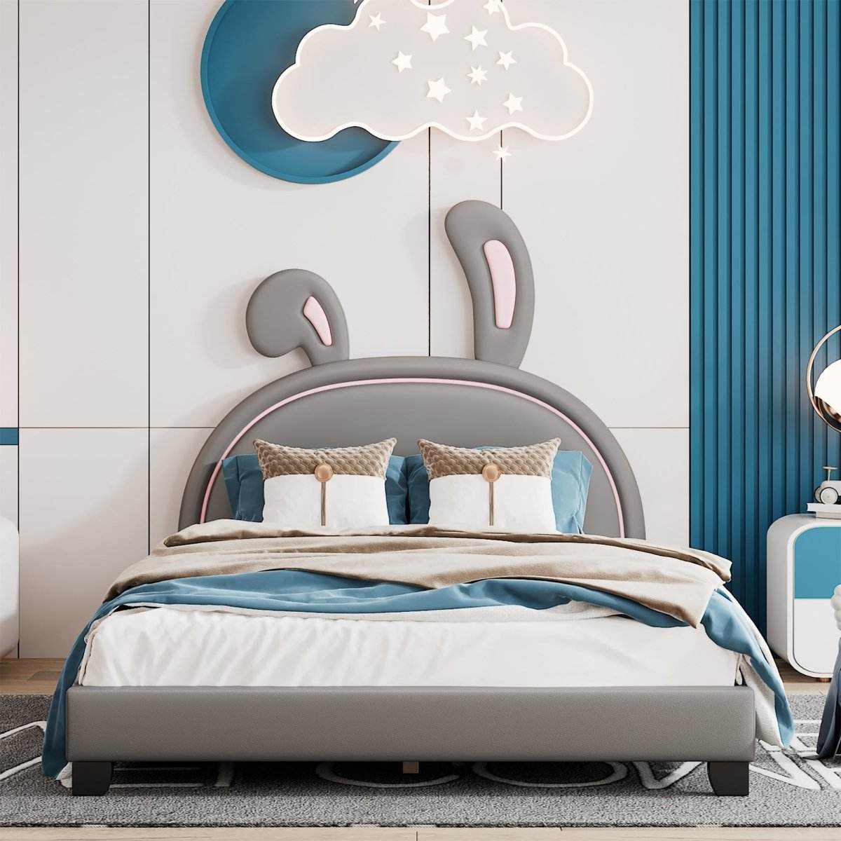 Upholstered PU Leather Platform Bed With Rabbit Ornament - Sleep Galleria